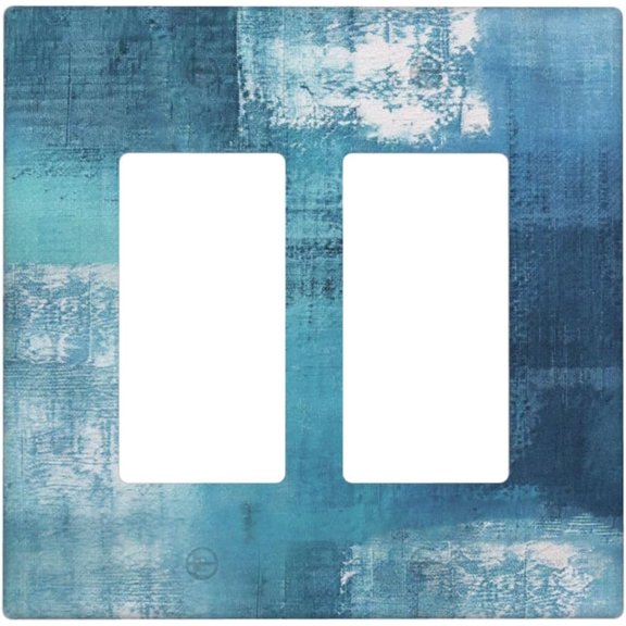 Modern Abstract Teal Blue 2-Gang Decorative Rocker Wall Plate Country Grunge Style Paint Brush Graffiti Design Gfci Dimmer Compatible Light Switch Cover for Living Room & Smart Homes