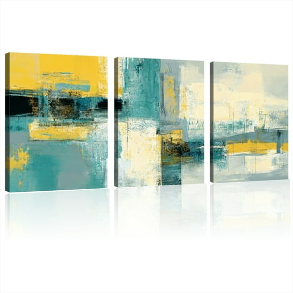 Modern Abstract Teal and Yellow Canvas Wall Art  Framed, High-Quality Print, Vibrant Color Block Design, Perfect for Living Room, Bedroom, or Office Decor, Wall Decor 12*16inch*3pcs
