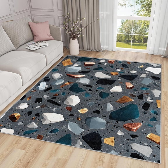Modern Abstract Terrazzo Area Rugs, Multicolour Grey Stone Carpet, Washable Non Slip Low Pile Soft Rug for Bedroom Living Room Laundry Decor Mat 4x6ft