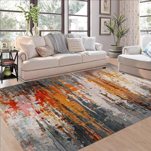 Modern Abstract Texture Area Rugs, Gray Orange Distressed Oil Painting Design Carpet, Washable Non Slip Low Pile Rug for Living Room Bedroom Office Decor Mat 2x3ft