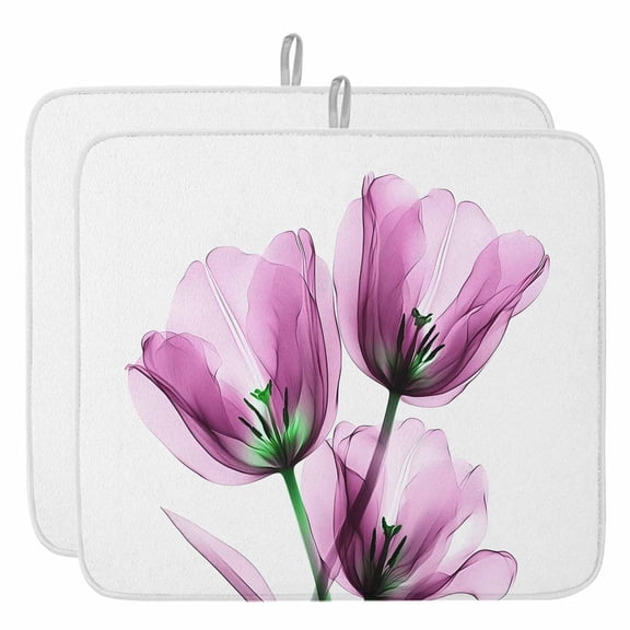 Modern Abstract Tulip Flower Dish Drying Mat, Pink Absorbent Dish Drying Matt Pad for Kitchen Countertops,Sinks,Dish Drainer Racks, Large 18x24inx2 Pcs,