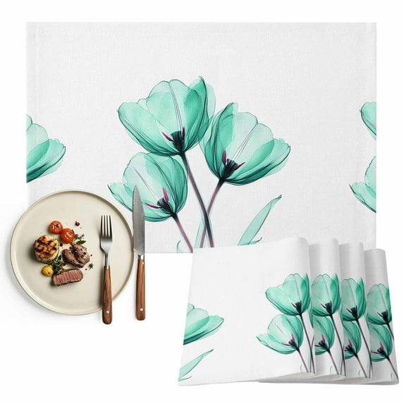 Modern Abstract Tulip Flower Placemats Set of 6, Turquoise Table Mats Washable Heat-Resistant Non-Slip Place Mats for Kitchen Dinner Table Indoor Outdoor Decor,13x19 Inch