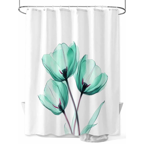 Modern Abstract Tulip Flower Shower Curtain, Turquoise Bathroom Decor Curtains Set with Hooks, Waterproof Fabric Home Accessories， 72 X 78 Inch Long