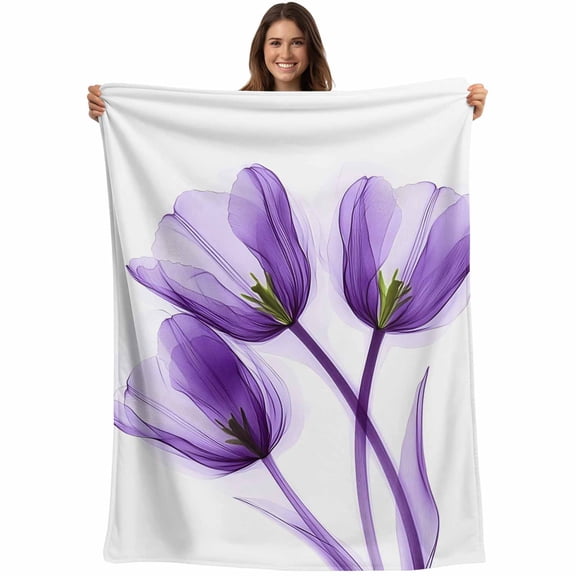 Modern Abstract Tulip Flower Throw Blankets, Violet Purple Soft Fleece Blanket Decorative for Home Sofa Couch Chair Living Bedroom, 60x80 inches,