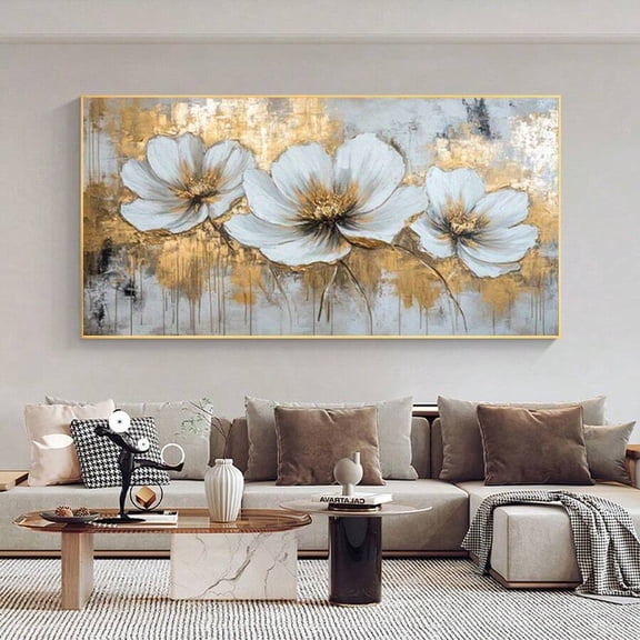 Modern Abstract Wall Art 1pc Modern Abstract Golden Flowers Canvas Art Print, Frameless Wall Decor For Living Room And Bedroom, Elegant Floral Design With White Blossoms And Golden Accents, Livin