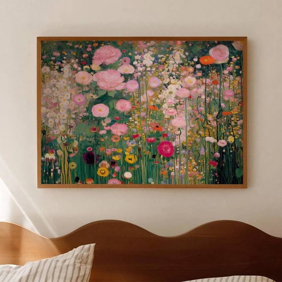 Modern Abstract Wall Art Boho Wall Art 1pc Vintage Colorful Floral Gustav Klimt Style Wildflower Meadow Print Framed Canvas Wall Art, Abstract Floral Garden Wall Decor, Spring Theme Home Decor, Perfe