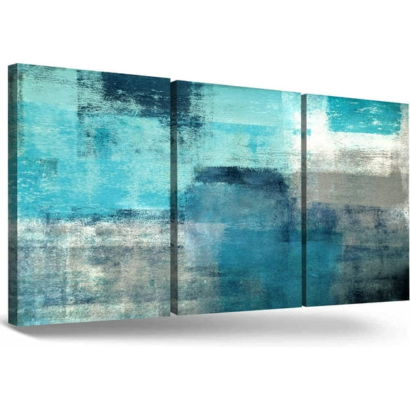 Modern Abstract Wall Art Decor - Turquoise and Grey Teal Canvas Painting, 3-Piece Set of 12"x16" - Ideal for Living Room, Bedroom, Kitchen, Office, and Bathroom Decoration