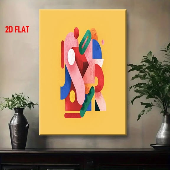 Modern Abstract Wall Art - Mustard-Yellow Wrapped Canvas Painting with Pink, Green, Blue, Red, Black & White Shapes - Flat 2D Color Block Design for Bedroom, Living Room - Minimalist Decorative