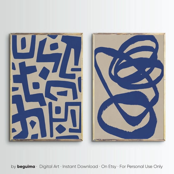 Modern Abstract Wall Art Navy Blue Neutral Wall Art Home Wall Decor Diptych Set 2 Stretched Canvas 8x12