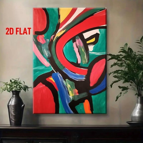 Modern Abstract Wall Art Painting - Multicolor Green Red Blue Yellow Pink Turquoise on Black Wood Frame Wrapped Canvas, Flat Panel Abstract Expressionism for Living Room & Study - Color Palette