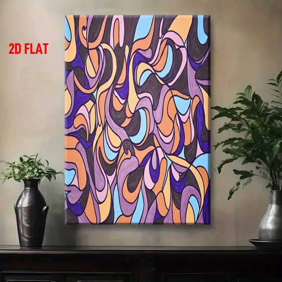 Modern Abstract Wall Art Painting - Purple Orange Blue Black White Dynamic Curve Design, Wrapped Canvas Framed 2D Flat Panel Artwork for Living Room, Bedroom, Office Decor - Vibrant Contemporary