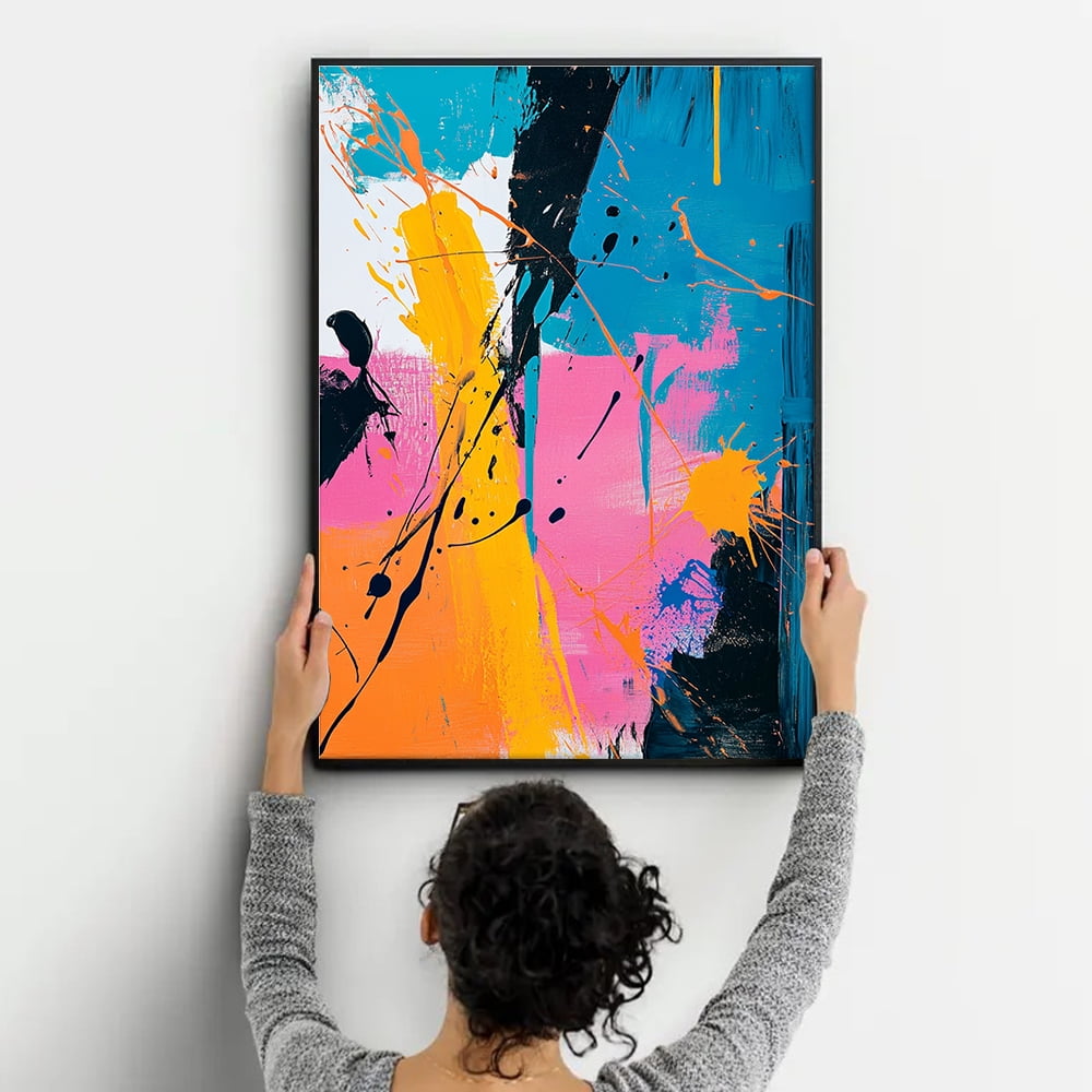 Modern Abstract Wall Art with Pine Frame | Bold Blue, Yellow & Pink Art ...