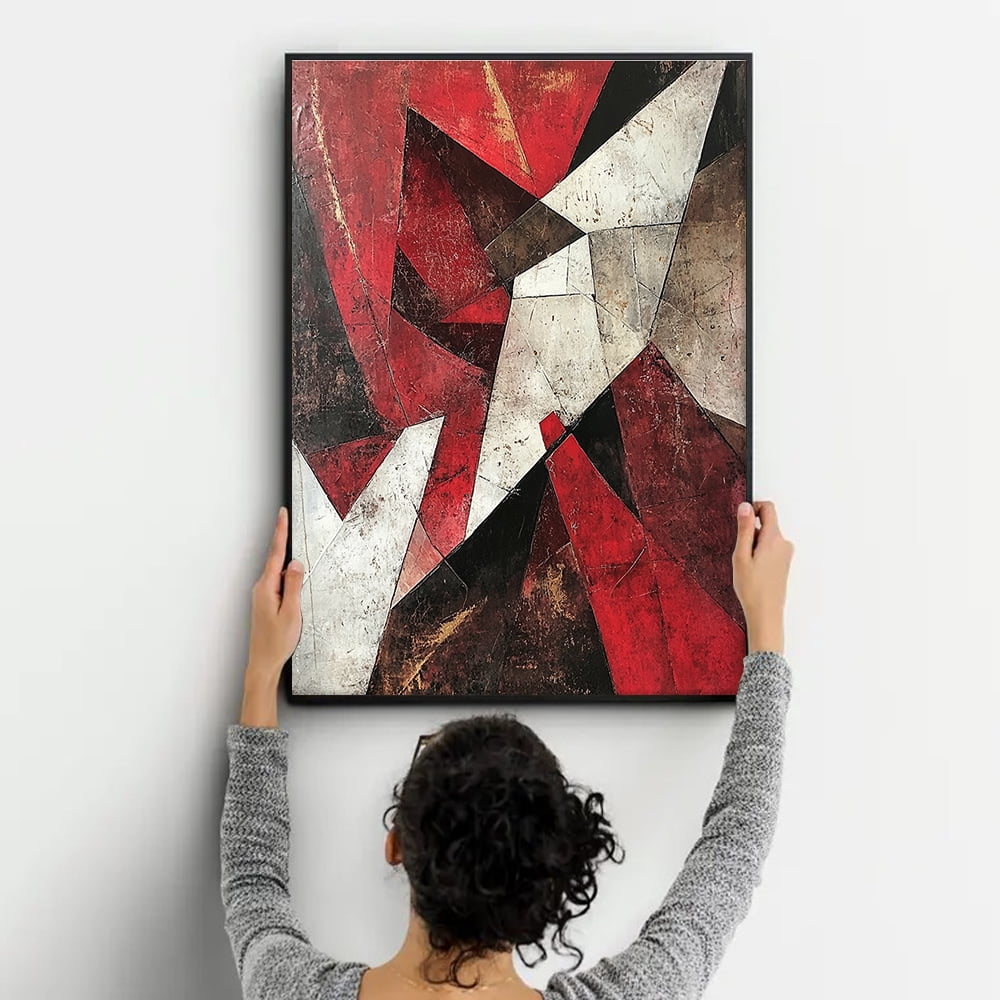Picture of Modern Abstract Wall Art with Pine Frame | Bold Red/Black Geometric ...