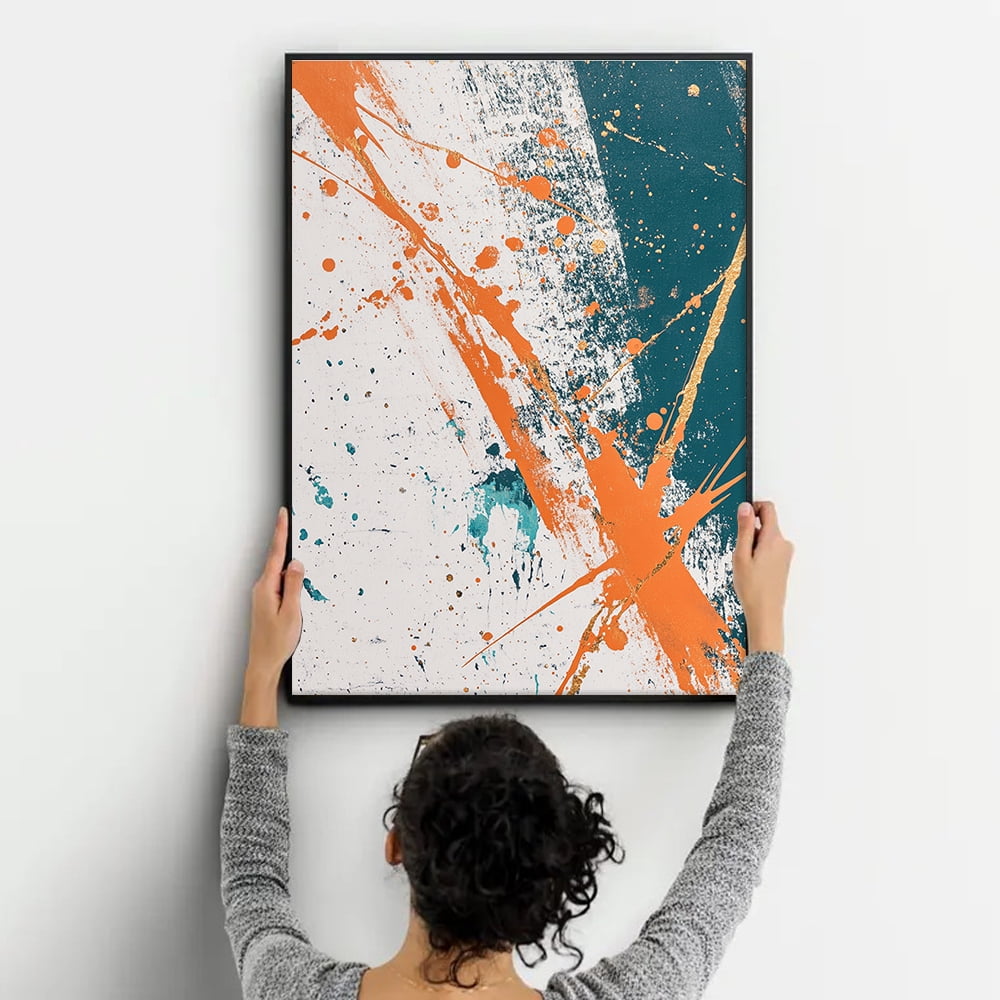Modern Abstract Wall Art with Pine Frame | Orange/Teal/Gold Accent Art ...