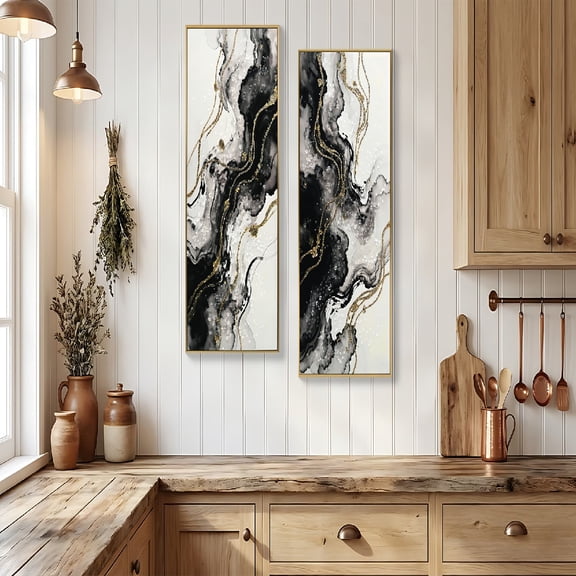 Modern Abstract Wall Art Set of 2 20x40 Inch Black White Gold Hand-Painted 3D Canvas for Living Room Office