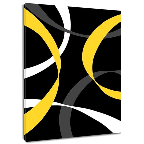 Modern Abstract Wall Art, Yellow Gray and White Geometric on Black Canvas Wall Art, Modern Simple Wall Art for Living Room Bathroom Bedroom Kitchen Ready to Hang, 12X12 Inches