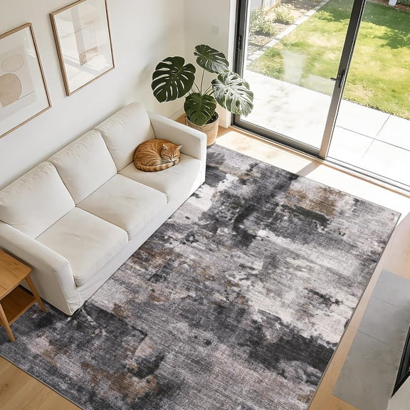 Modern Abstract Washable Living Room Rug, Non Slip 10x13 Area Rugs for Bedroom, Ultra Thin Low Pile Large Under Table Carpet for Dining Room Office, Contemporary Home Decor Rugs, Grey