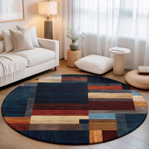 Modern Abstract Washable Round Area Rug 3.3 ft, Geometric Architectural Art Color Blocks in Deep Navy, Soft Non Slip Rugs Stain Repellent Indoor Felt Carpet for Living Dining Room Bedroom Home