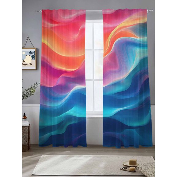 Modern Abstract Water Ripple Ombre Chiffon Sheer Curtains 84 Inches Long Watercolor Color Gradient Rod Pocket Window Curtains Voile Drapes Curtains for Living Room Bedroom,2 Panels