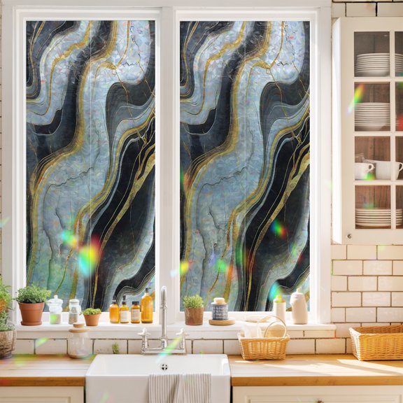 Modern Abstract Water Ripple Window Privacy Film,Decorative Windows Static Cling Stripe Ombre Marble Texture Heat Control Removable Glass Sticker for Home Bathroom Bedroom Window Door,17.7x39.3in