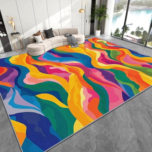Modern Abstract Wave Area Rugs, Colorful Carpet, Washable Non Slip Low Pile Soft Rug for Bedroom Living Room Decor Mat 3ftx5ft