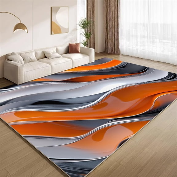 Modern Abstract Wave Area Rugs, Orange Grey Carpet, Washable Non Slip Low Pile Soft Rug for Bedroom Living Room Decor Mat 5ftx8ft