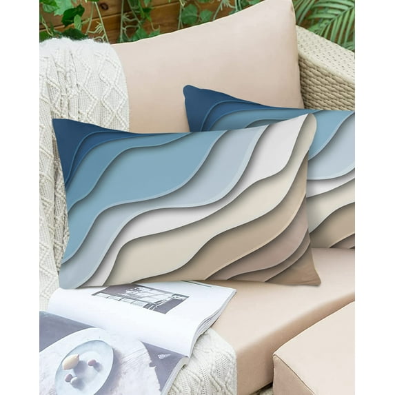 Modern Abstract Wave Lines Outdoor Pillow Covers Set of 2,Decorative Waterproof Throw Pillow Case,Ombre Blue White Brown Color Block Cotton Linen Soft Cozy Cushion Pillowcases