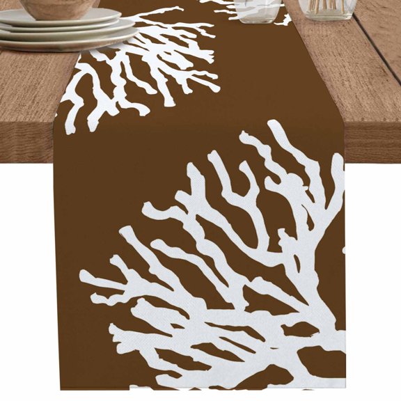 Modern Abstract White Ocean Coral Table Runner-36 Inch Long Brown Background Table Runners Linen Burlap Tablerunner for Kitchen Dining Room Holiday Party