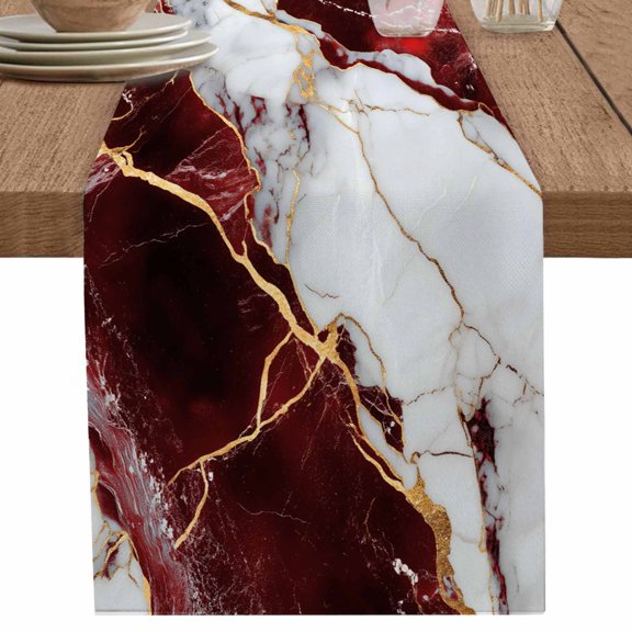 Modern Abstract White Red Marble Table Runner-36 Inch Long Classic Gold Line Table Runners Linen Burlap Tablerunner for Kitchen Dining Room Holiday Party