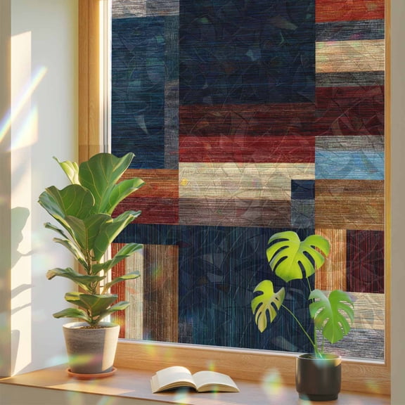 Modern Abstract Window Privacy Film, Geometric Architectural Art Color Blocks in Deep Navy Stained Glass Rainbow Film Decorative Window Clings, Static Cling Sun Blocking Stickers 17.7" x 39.3"