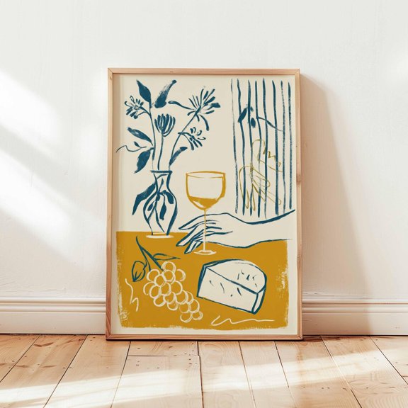 Modern Abstract Wine and Cheese Kitchen Yellow Blue Line Still Life Art, Unframed Canvas 24x36in