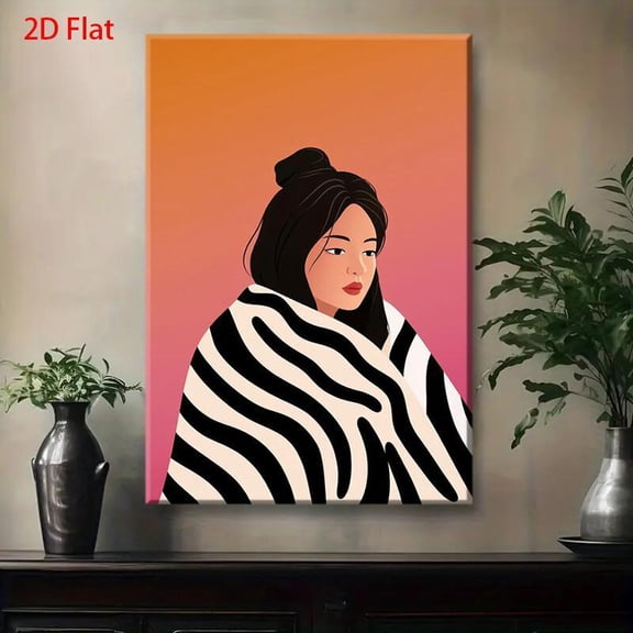 Modern Abstract Woman Face Geometric Wall Art - Minimalist Black White Orange Pink Painting on Wrapped Canvas Frame, Contemporary Home Decor for Living Room, Study, Bedroom - Elegant Female Portrait