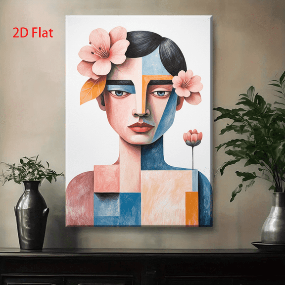 Modern Abstract Woman Face Painting - Minimalist Floral Portrait with Bold color blocks (Pink, Blue, Orange, Beige, White, Black, Brown) - Wrapped Canvas Framed Wall Art for Living Room, Bedroom