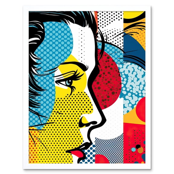 Modern Abstract Woman Face in Profile Comic Book Style Red Yellow Geometric Halftone Art Print Framed Poster Wall Decor 12x16 inch