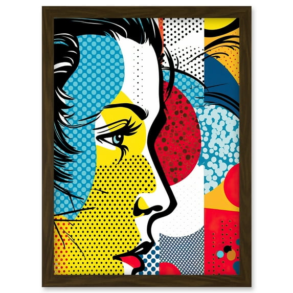 Modern Abstract Woman Face in Profile Comic Book Style Red Yellow Geometric Halftone Artwork Framed Wall Art Print A4