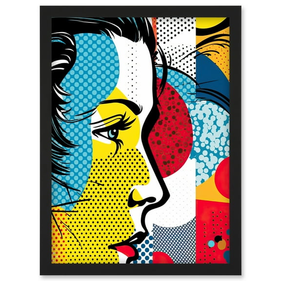 Modern Abstract Woman Face in Profile Comic Book Style Red Yellow Geometric Halftone Artwork Framed Wall Art Print A4