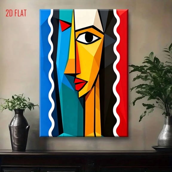 Modern Abstract Woman Portrait - Yellow, Orange, Blue, Red, Black, White, Gray Geometric Face Painting - Flat 2D Close-Up with Light Grey Background - Contemporary Minimalist Wall Art Decort
