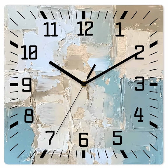 Modern Abstract Wooden Wall Clock Silent Non Ticking, Blue Brown Color Blocks Square Wall Clocks Battery Operated, Decor Clock for Home Office, Living Room, Kitchen, 10 Inch