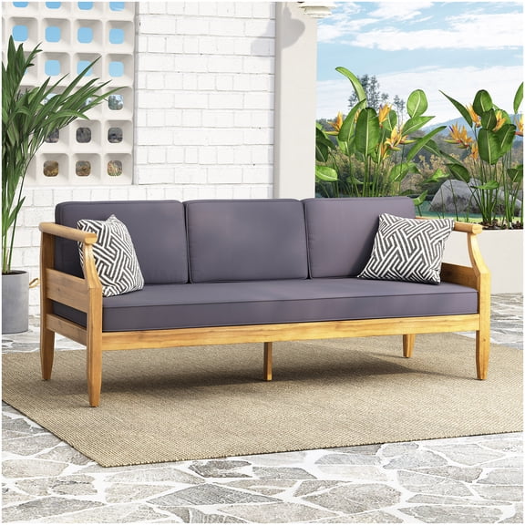 Modern Acacia Wood 3-Seat Sofa for Outdoor Use, Teak Finish Patio Lounge Furniture with Slat Design