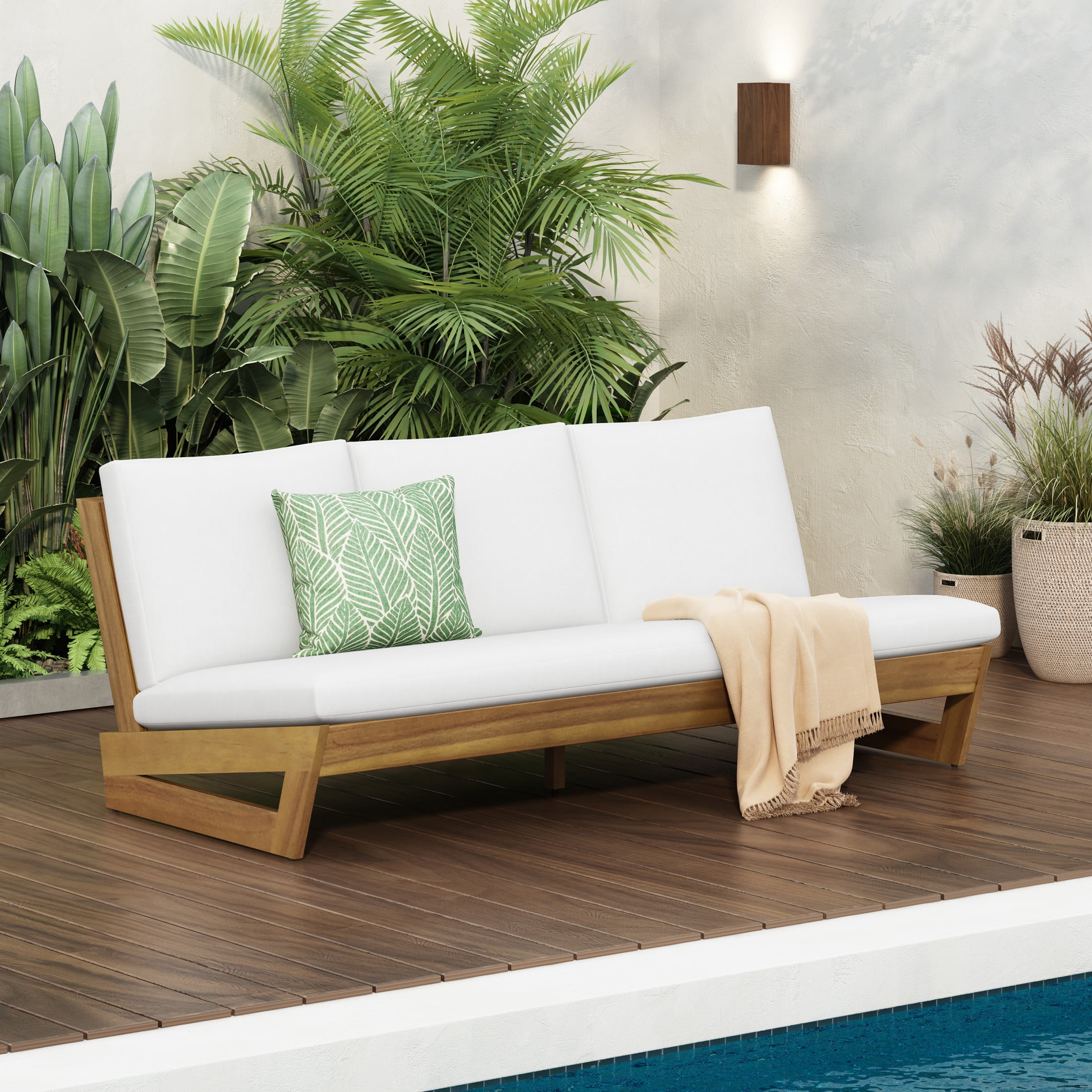 Christopher Knight Home Outdoor 3 Seater Sofa with Slatted Wood Frame and Cushions, Deep Seating, White
