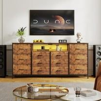 Modern Accent 63" Dresser for Bedroom, 12-Drawer TV Stand with Power Outlets, LED Lights, Open Shelves, Fabric Chest of Drawers Entertainment Center for TV Up to 75 in, Living Room