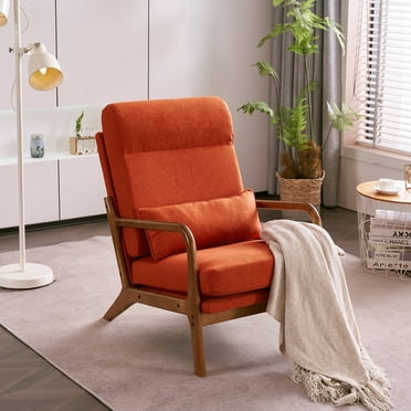 Modern Accent Armchair, Comfy Living Room Chair with Lumbar Pillow & High Back, Linen Fabric Upholstered Single Sofa Reading Chair with Solid Wood Legs for Bedroom Living Room Office, Orange