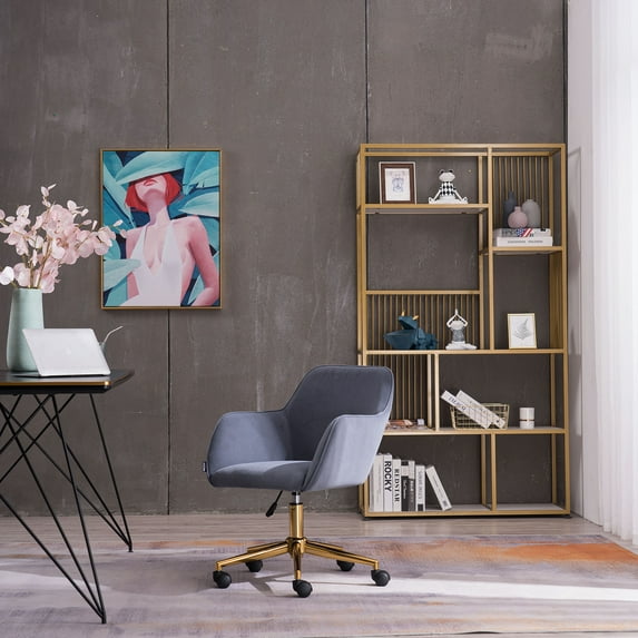 Modern Accent Armchair, Comfy Upholstered Leisure Chair with Backrest, Velvet Fabric Swivel Vanity Chair, Height Adjustable Office Chair, for Living Room, Bedroom, Makeup Room, Navy, D4435