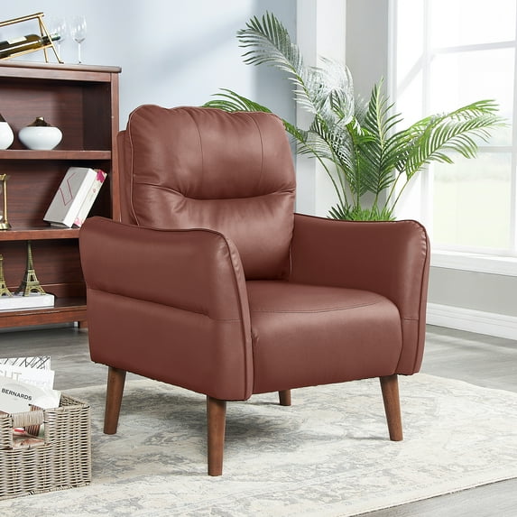 Modern Accent Armchair Faux Leather Wood Frame Single Sofa Club Arm Chair For Living Room, Brown