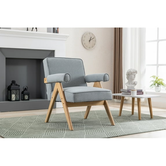 Modern Accent Armchair,Mid Century Lounge Chair with Solid Wood Frame and Padded Seat,Upholstered Leisure Reading Chair for Living Room Bedroom Housting Room,250LBS Weight Capacity, Light Gray