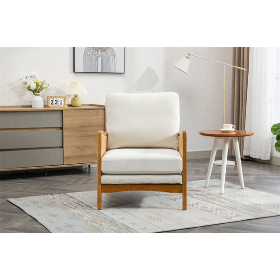 Modern Accent Armchair, Side Chair with Rattan Weaving and Solid Wood Frame, Velvet Upholstered Reading Chair for Living Room Bedroom Lounge and Office, Beige