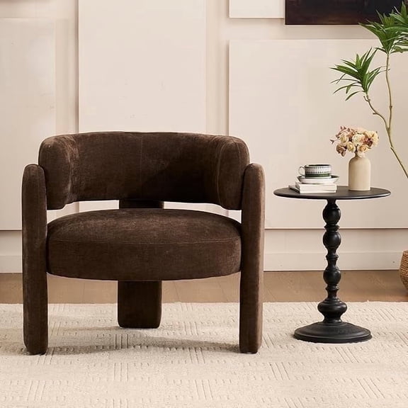 ENYLAY Mid Century Modern Accent Barrel Chair, Upholstered Comfy Sherpa Armchair with Curved Backrest & 3 Legs, Single Reading Chair for Bedroom Living Room (Brown)