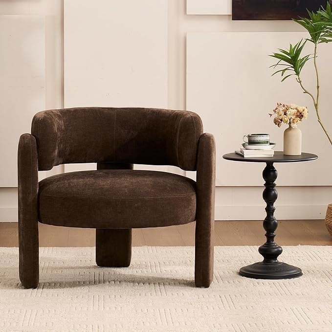 ENYLAY Modern Accent Barrel Chair,Mid Century Single Armchair with Curved Backrest Upholstered Side Reading Chair with 3 Legs Comfy Sherpa Chair for Bedroom and Living Room (Brown)