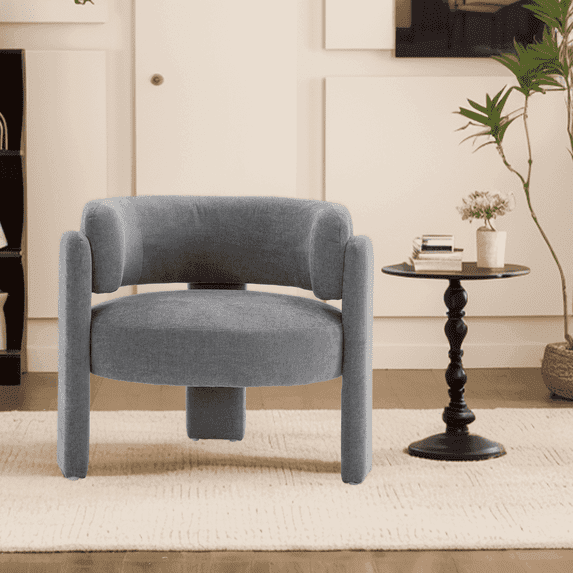 ENYLAY Mid Century Modern Accent Barrel Chair, Upholstered Comfy Sherpa Armchair with Curved Backrest & 3 Legs, Single Reading Chair for Bedroom Living Room (Grey)