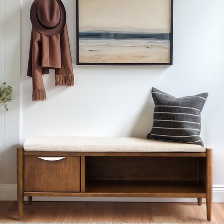 Modern Accent Bench For Bedroom, Guest Room, With Concealed And Open Storage Mid-century Living Spaces, Seat Cushion